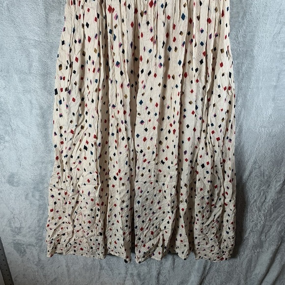 THML Womens Dress S Midi Smocked Geometric Print Ruffle Cap Sleeve Ivory Pockets - Picture 3 of 13